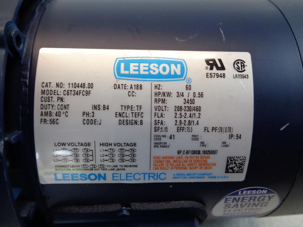 Leeson 3/4 HP 3450 RPM Electric Motor 110448.00, C6T34FC9F